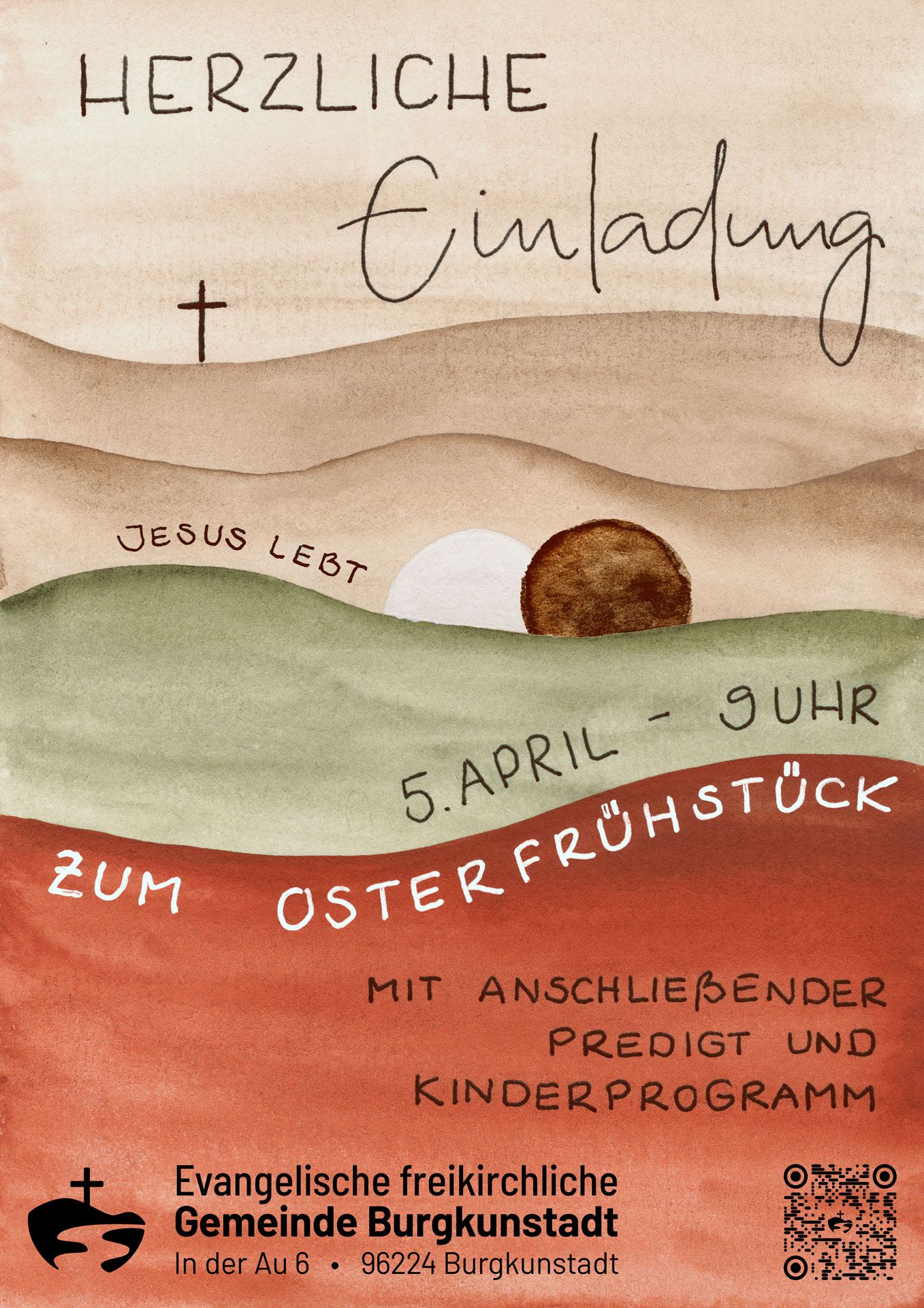 Herzliche Einladung zum Osterfr&uuml;hst&uuml;ck am 5. April um 9:00 Uhr in den R&auml;umen der Evangelischen Freikirchlichen Gemeinde Burgkunstadt, In der Au 6: Leckeres Fr&uuml;hst&uuml;cksbuffet, hoffnungsvolle Predigt, mit Kinderprogramm.